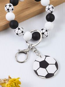 New Sports Baseball Softball Silicone Bead <b>Wristlet</b> Keychain With Wood Chip Pu Leather Tassels Charms Game Day Bracelet Keyring - Product Image 4