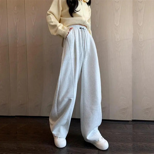 Women's Grey Wide Leg Sweatpants Fleece <b>Lined</b> Loose Casual <b>Pants</b> Autumn Winter 2025 Irregular Design - Product Image 2