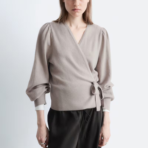 Women's New Design 100% Merino Wool Knit Sweater <strong>Jumper</strong> V-neck <strong>Wrap</strong> Cardigan Sweater With Long Puff Sleeves - Product Image 1