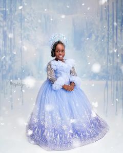 Vestidos de fiesta azul claro para niñas, vestidos de princesa con encaje y cuentas personalizados, vestidos de gala para damas de honor de boda - Product Image 4