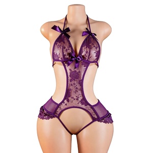 Lingerie Seksi Eropa Amerika, Bodysuit Renda Wanita Tanpa Crotch Warna Ungu, Seragam Penggoda ODM - Product Image 1