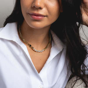 Gold Plated Zircon Cuban Link Chain Necklace Trendy Hip Hop Jewelry for Women Party Daily Wear - Product Image 1