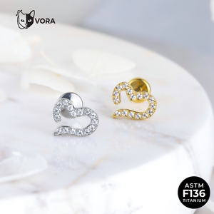 Labret en titane ASTM F136 pour enfant, motif cœur, fileté intérieurement, pavé de zircone cubique, creux, pour cartilage d'oreille, hélix, tragus, plaqué or 18 carats - Product Image 2