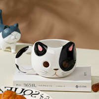 Tasse à café en céramique écologique de 430 ml avec soucoupe, motif chat de dessin animé, 3 couleurs, pour la maison, animaux mignons, eau, petit-déjeuner, lait, dessinée à la main, vente en gros