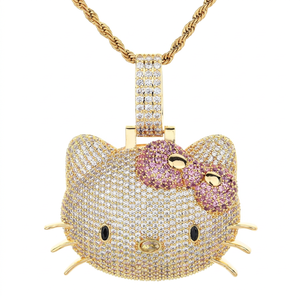 Collier pendentif visage de chat en argent 925 plaqué or, incrustation de zircone cubique, chaîne corde style hip-hop, bijou unisexe, cadeau - Product Image 1