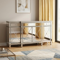 Buffet en bois massif avec miroir pour salon ou chambre, avec 4 portes et 3 tiroirs, en or ou en argent