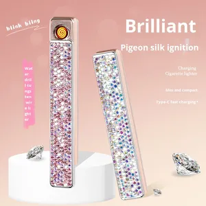 ولاعة معدنية مرصعة بالماس لاستخدام السجائر نسائية صغيرة الحجم بسيطة عالية القيمة على الطراز المقاوم للرياح لطيفة - Product Image 3