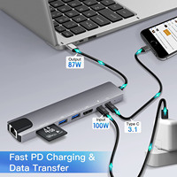 Hub USB C 8 en 1 Tipo C 3.1 a Adaptador HDMI 4K con Lector de Tarjetas RJ45 SD/TF, Carga Rápida PD para Computadora Portátil MacBook