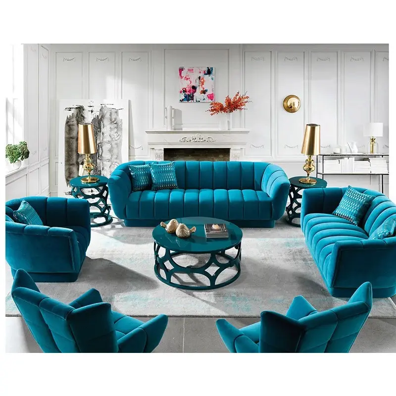 Sofás alemães Mobiliário Conjunto Interior Sala De Luxo Italiana Projetos De Tecido De Veludo Azul Love Seat Shell Sofá