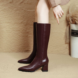 Mode femmes talons <span class=keywords><strong>bottes</strong></span> chaussures talon carré <span class=keywords><strong>bottes</strong></span> au genou quotidien élégant talon haut en <span class=keywords><strong>cuir</strong></span> PU extérieur chaussons courts pour dames - Product Image 1
