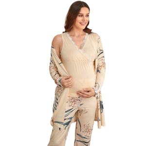 Pyjama de maternité 3 pièces avec imprimé floral personnalisé et détails en dentelle, vêtements de grossesse, pyjama d'allaitement en coton pour femmes enceintes - Product Image 1