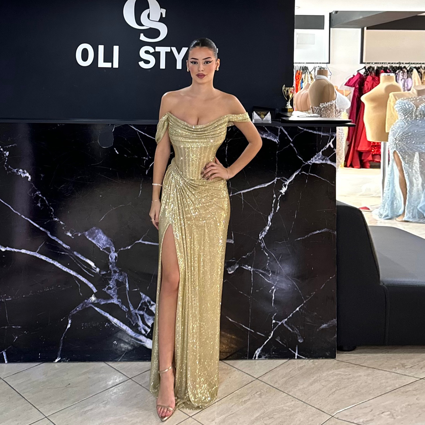 slim fit dress slacks Iconic Fall 1980 John Anthony Couture Plunge Front Gold Lame Halter Dr –  Shrimpton Couture main image 0