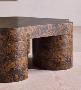 Table basse sur mesure en placage de bois de ronce de style Mid-Century, forme irrégulière organique, base en bois massif, pour salon et canapé - Product Image 3