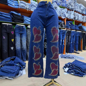 Jeans de mezclilla vintage de cintura media, holgados, de pierna recta, con bordado de diamantes de imitación azules para mujer, al por mayor, estilo urbano, tallas grandes - Product Image 3