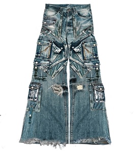 AeeDenim <span class=keywords><strong>Pantaloni</strong></span> <span class=keywords><strong>Cargo</strong></span> Personalizzati in Denim Gotico Hip Hop Y2K Lavato 100% Cotone <span class=keywords><strong>Jeans</strong></span> Larghi a Zampa per <span class=keywords><strong>Uomo</strong></span> - Product Image 4