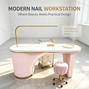 Table de manucure en marbre rose doré de luxe léger avec éclairage LED incurvé, mobilier de salon pour bar à ongles - Product Image 2