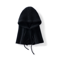 Cagoule unisexe 100 % cachemire tricoté, texturé côtelé, avec cordon de serrage réglable, cache-cou et couvre-tête thermique épais