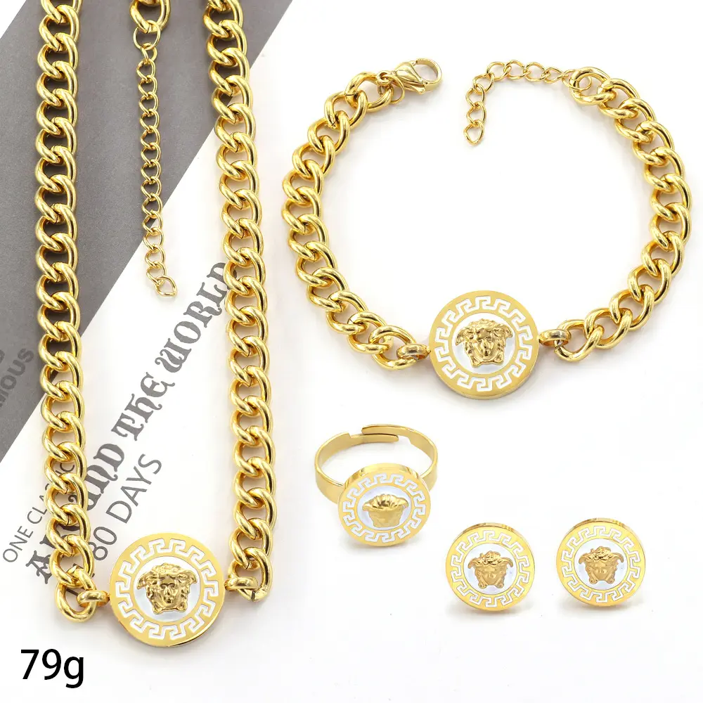 Luxury Jewelry Brand Designer Inspired Cuban Link Chain Necklace Stainless Steel Ring Bracelet Necklace Set