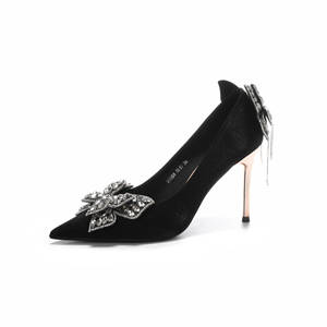 Chaussures à talons aiguilles noires à bout pointu avec décor floral en strass, chaussures de soirée de mariage à talons hauts 9888A-099 - Product Image 5