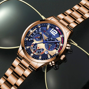 High Quality Men's Casual Sport Wristwatch <b>Black</b> Plated Steel Band Chronograph Date Function Luminous Hands Quartz <b>Watch</b> - Product Image 3