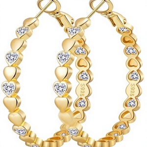 Boucles d'oreilles créoles cœur pour femme, plaqué or 14 carats, strass et zircon cubique étincelants, grandes, en laiton, bijoux cadeau - Product Image 1