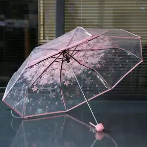 新しい創造的な素敵な女性三つ折り桜透明傘折りたたみ傘透明