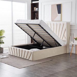 Letto Contenitore King Size in Velluto Felpato Beige Crema con Sollevamento a Gas, Design Moderno, Struttura in Legno, Disponibile anche nelle Misure Matrimoniale e Queen - Product Image 1