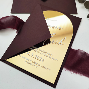 Tarjeta de invitación de boda acrílica arqueada con espejo de lujo personalizada, sobre negro, invitaciones de compromiso para parejas modernas - Product Image 3