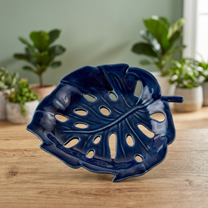 Ceramic Leaf Serving <b>Plate</b> Modern Design Navy Blue Reusable Table Decor - Product Image 1