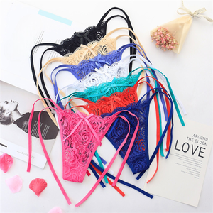 Strings en Dentelle Sexy à Nouer pour Femme, Culotte Transparente Évidée, Lingerie Réglable à Liens Latéraux, Tanga - Product Image 1