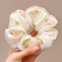 Vente en gros de chouchous pour filles, grands, polyvalents, en tissu organza fleuri, à haute élasticité, avec élastique écologique, style doux