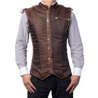 Corset en satin rayé marron à col mandarin avec chaînes pour homme, grande taille, style steampunk gothique vintage, avec baleines en acier et fermeture éclair, longueur standard