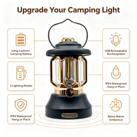 Lampe de camping LED vintage rechargeable, lanterne de tente rétro, lampe d'ambiance suspendue pour l'extérieur avec charge Type C