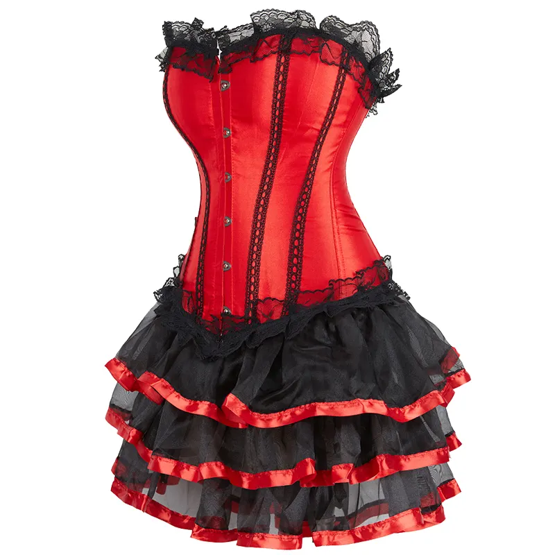 12 ossos de peixe vermelho e preto Overbust cetim espartilho vestido das mulheres com saia Bustier traje Halloween outfit