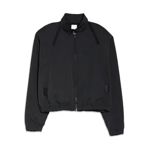 Özel tasarımcı unisex bayanlar siyah hafif naylon spor açık rüzgarlık yayılmış yaka kadın ceket
