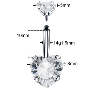 Anneau de ventre à filetage interne en acier inoxydable de qualité médicale avec coeur Zircon <span class=keywords><strong>nombril</strong></span> <span class=keywords><strong>Piercing</strong></span> femmes bijoux de corps - Product Image 4
