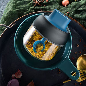 Spice Jar With Built In Oil Brush Airtight <b>Storage</b> <b>Container</b> For <b>Kitchen</b> Use Size M Blue And Black Lid - Product Image 1