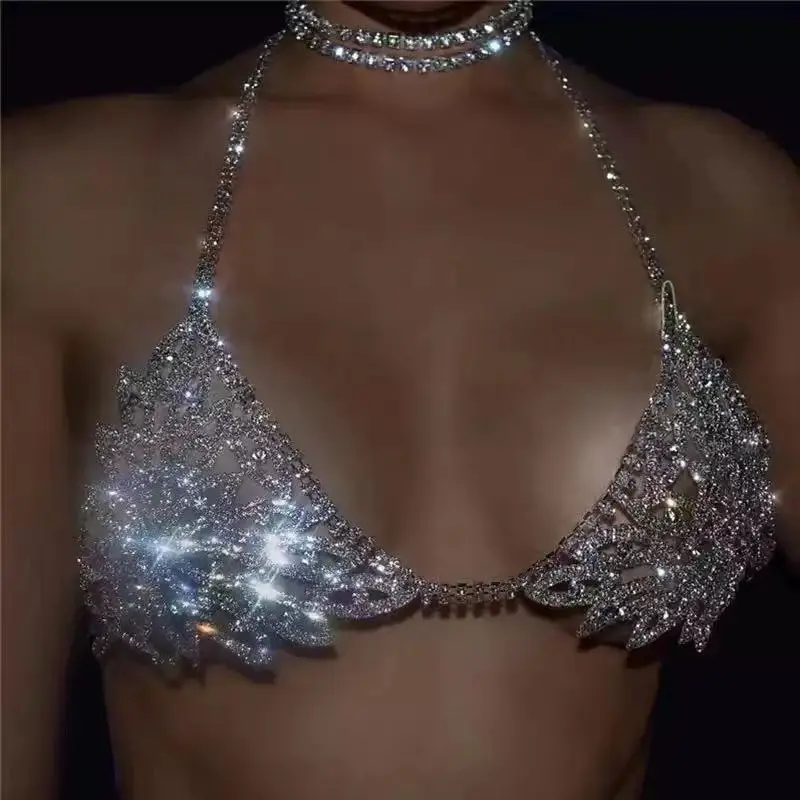 Neuer Luxus Kristall Körper Strass Höschen Schmuck BH-Kette Geschirr rotes Herz Dessous Unterwäsche Tanga-Set für Damen