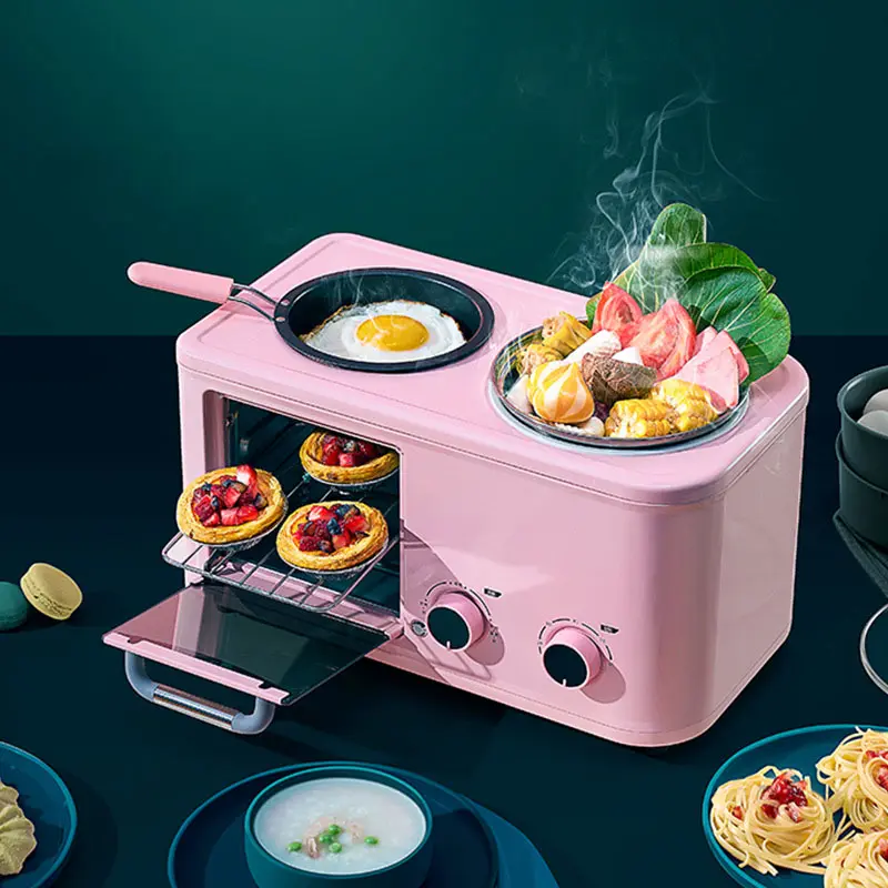 Mini máquina de fazer café da manhã 3 4 em 1, forno elétrico cereais multifuncional para churrasco, bife, sanduíche, grelha, carne