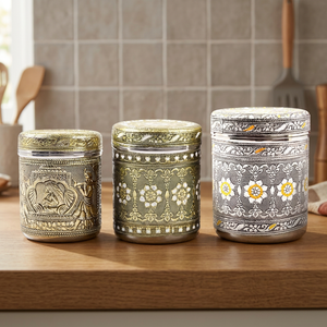 Oriental Engraved Stainless steel spice Containers Set With Lid Round Design <b>Storage</b> <b>Boxes</b> For <b>Kitchen</b> Use - Product Image 4