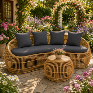 <b>Rattan</b> Garden <b>Sofa</b> Set with Ottoman Three Seat Outdoor Furniture Waterproof UV Resistant PE <b>Rattan</b> Tropical Style - Product Image 1