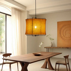 Lampe suspendue japonaise Wabi Sabi rectangulaire E27 avec abat-jour en lin noir pour restaurant, salon, chambre à coucher, style nordique - Product Image 1