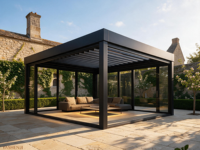 Pergola moderne en aluminium avec panneaux solaires et éclairage LED, toit à lames orientables imperméable pour jardin, cour, terrasse