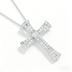 CUSTOM SILVER 10K/14K/18K GOLD PLATED LAB GROWN CVD DIAMOND CLASSIC ENGAGEMENT GIFT SWEATER <b>CHAIN</b> NECKLACE <b>CROSS</b> PENDANT - Product Image 5