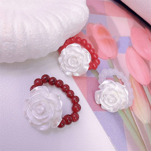 2025 New Imitation Cinnabar <strong>Agate</strong> <strong>Beads</strong> Rose Rings Resin Pearl White Camellia Elastic Women Ring Jewelry Custom - Product Image 6