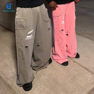 BENTURA Pantalon de Jogging Personnalisé Bords Effilochés Molleton de Coton Ample Délavé Gris Lourd Strass Empilés pour Hommes - Product Image 4