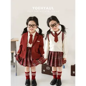 YOEHYAUL Children's Kids Suits 3 Pieces For Girls Red Jacket Long Sleeve Shirt Blouse Vest Baby Uniform Girls Skirt And Top Set