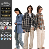 Camisa a cuadros estilo coreano para mujer, oversize, de manga larga, con botones, estilo casual urbano, blusa holgada con hombros caídos, diseño vintage a cuadros en la parte delantera.