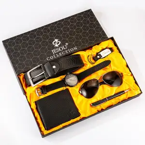 6 teile/satz Boutique Geschenkset Brille + GÜRTEL + Brieftasche + Schlüssel anhänger + großes Zifferblatt Quarzuhr + Stift