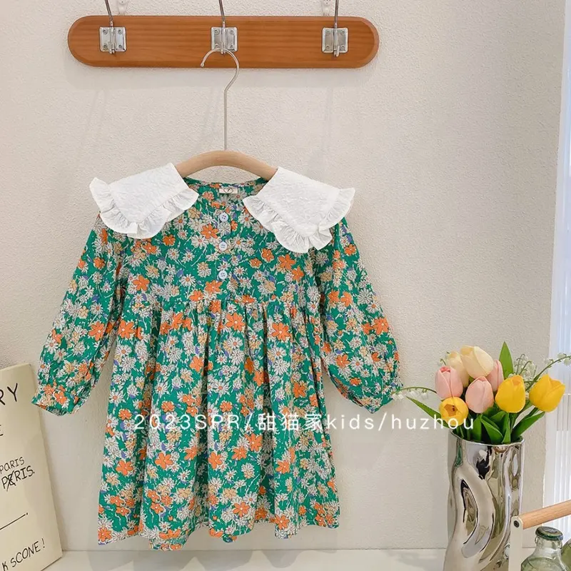 Vestiti per bambini primaverili Vintage alla moda vestiti per ragazze di fiori a maniche lunghe autunnali